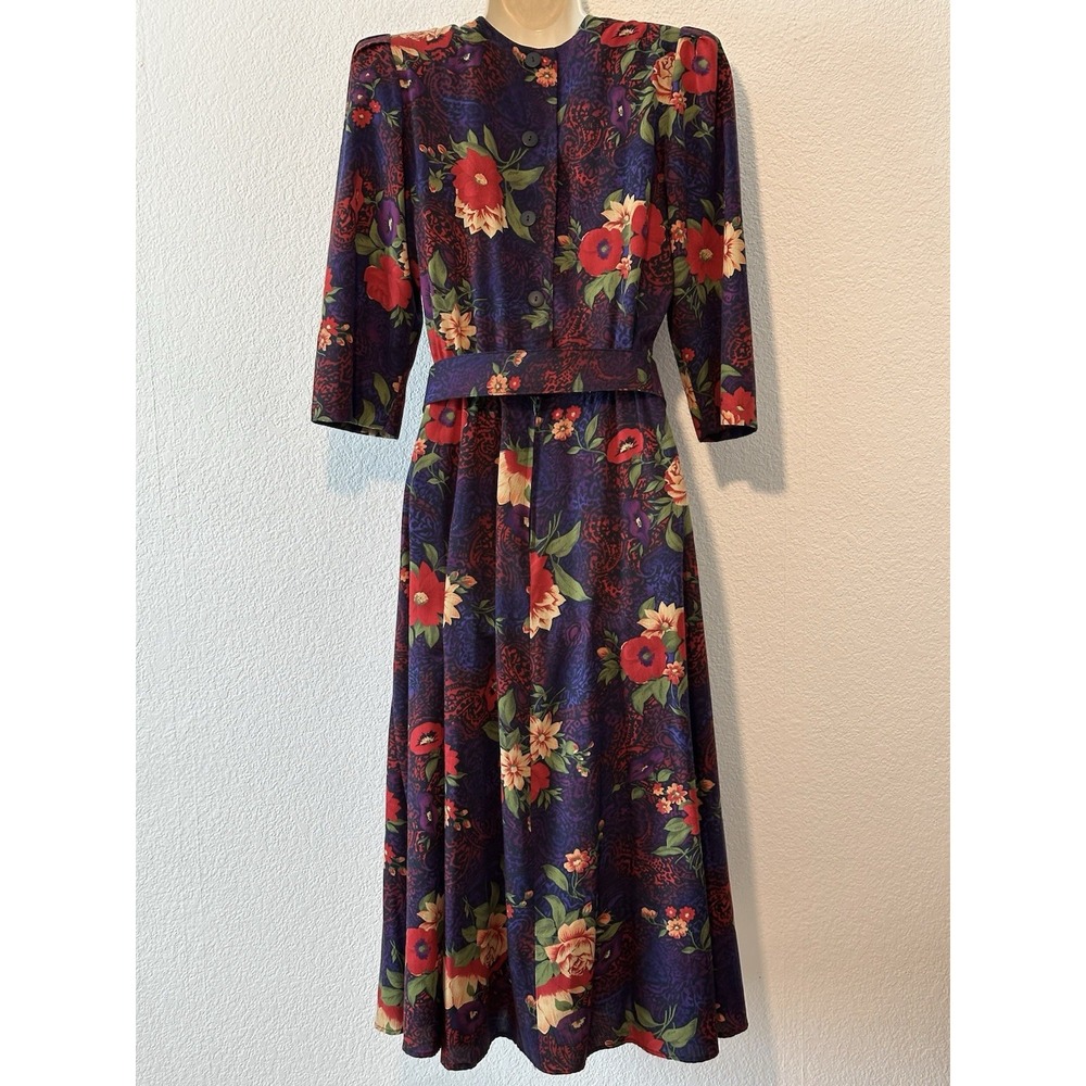Vintage 90s Cottagecore Midi Dress Pockets Belted Sz 8 Moody Floral Fairy‎ - Picture 2 of 7